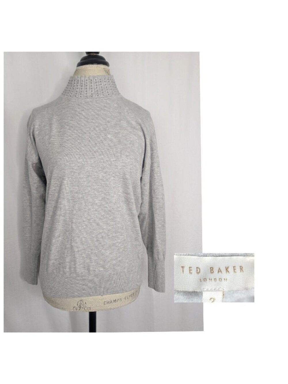 Ted Baker Sweater 2 X Small Gray Mock Rivets